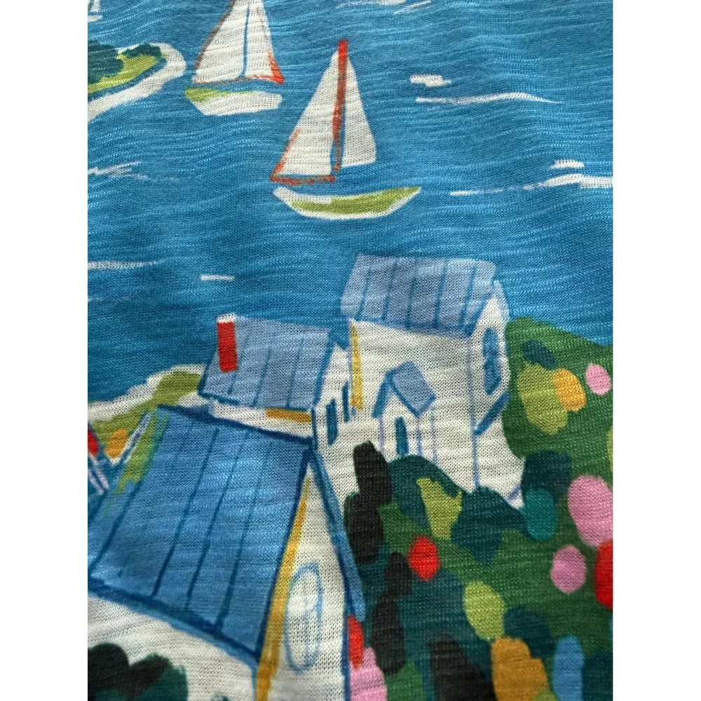 Jess & Jane Nautical Sailboat Coastal Art Print V-Neck Slub Knit Top Blue Medium